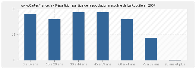 Répartition par âge de la population masculine de La Roquille en 2007